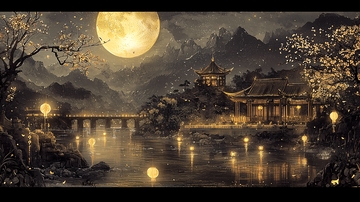 月夜下的古典建筑水景