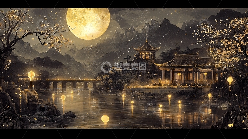高清大图下载【趣麦麦图】月夜下的古典建筑水景