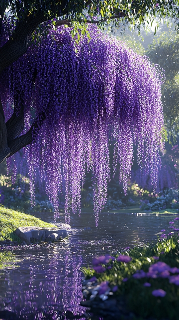 紫藤花树下平静水面