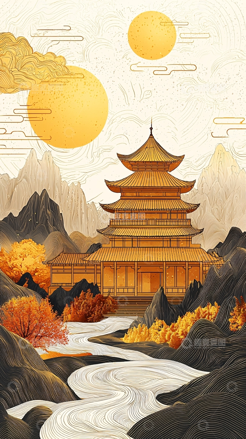 高清大图下载【趣麦麦图】金色古塔山水画