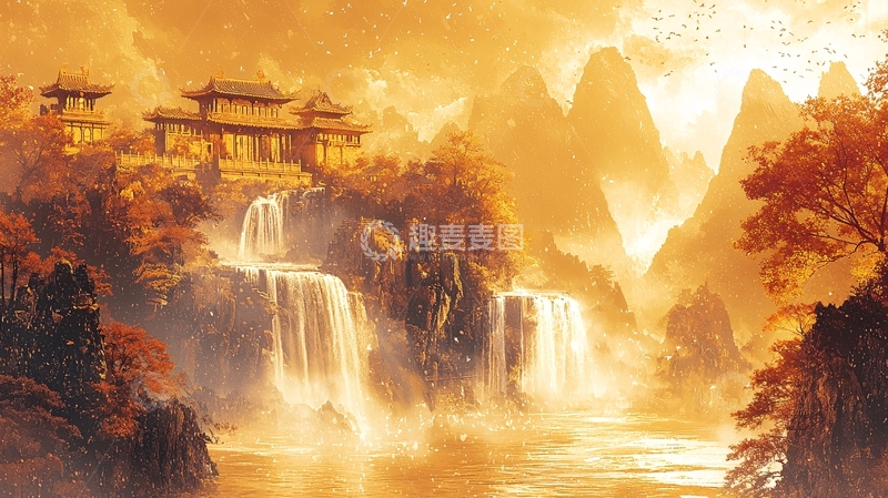 高清大图下载【趣麦麦图】金色山谷瀑布古建筑
