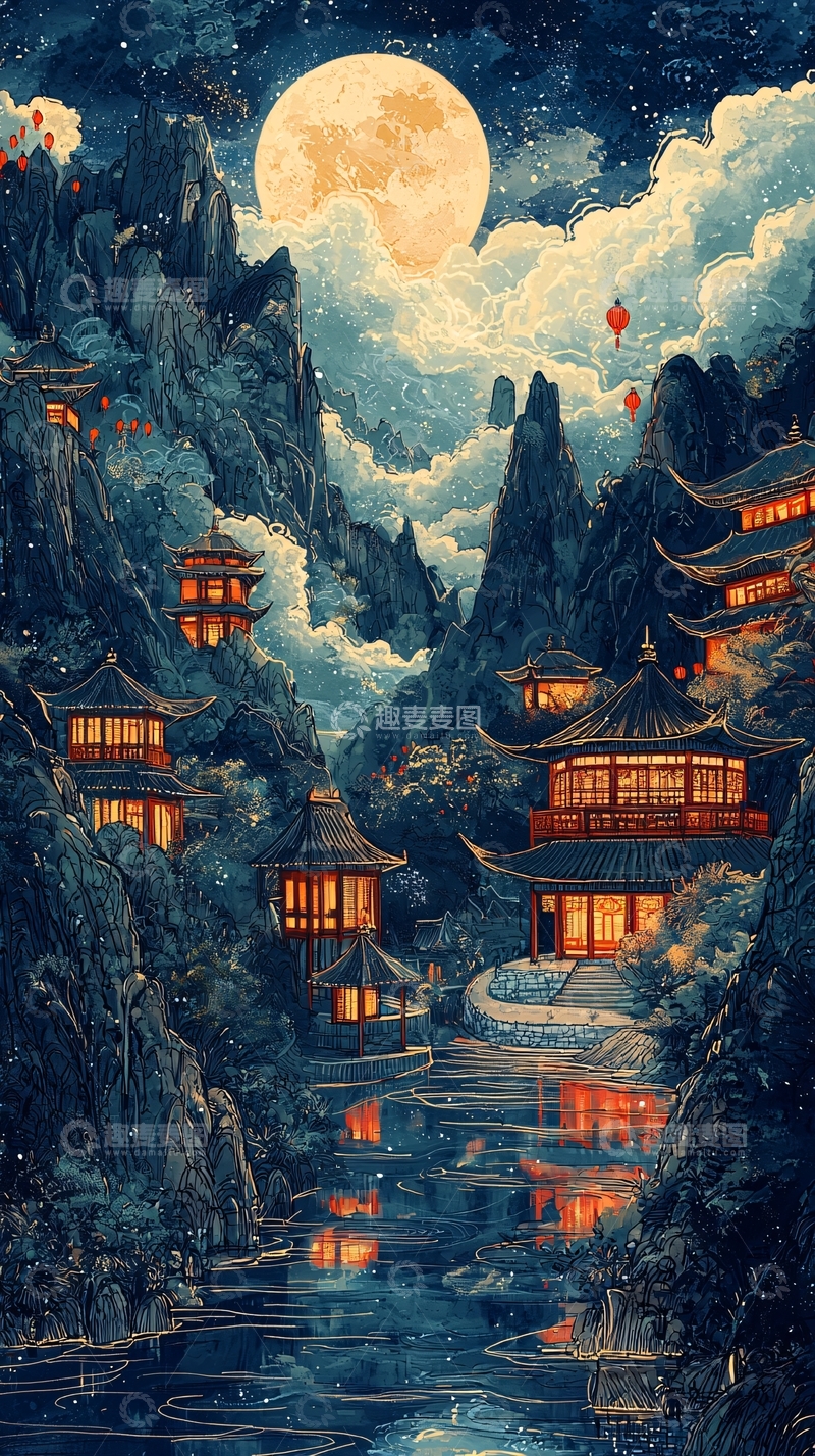高清大图下载【趣麦麦图】山间夜晚的宁静古镇
