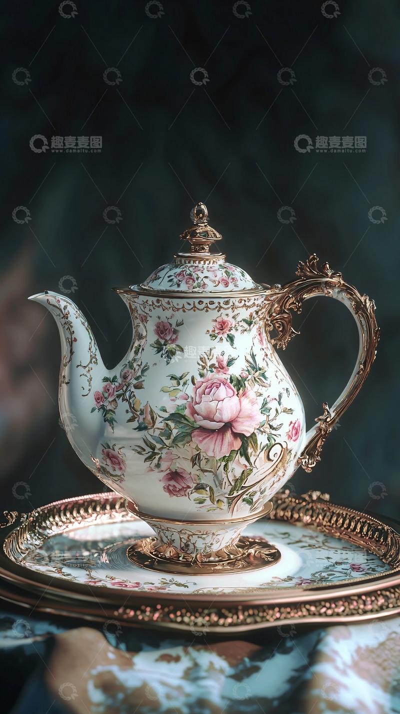 高清大图下载【趣麦麦图】复古玫瑰花茶壶