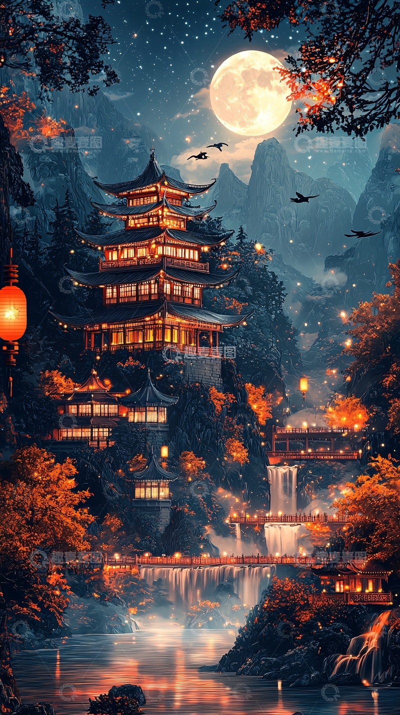 高清大图下载【趣麦麦图】月光下的中国古建筑