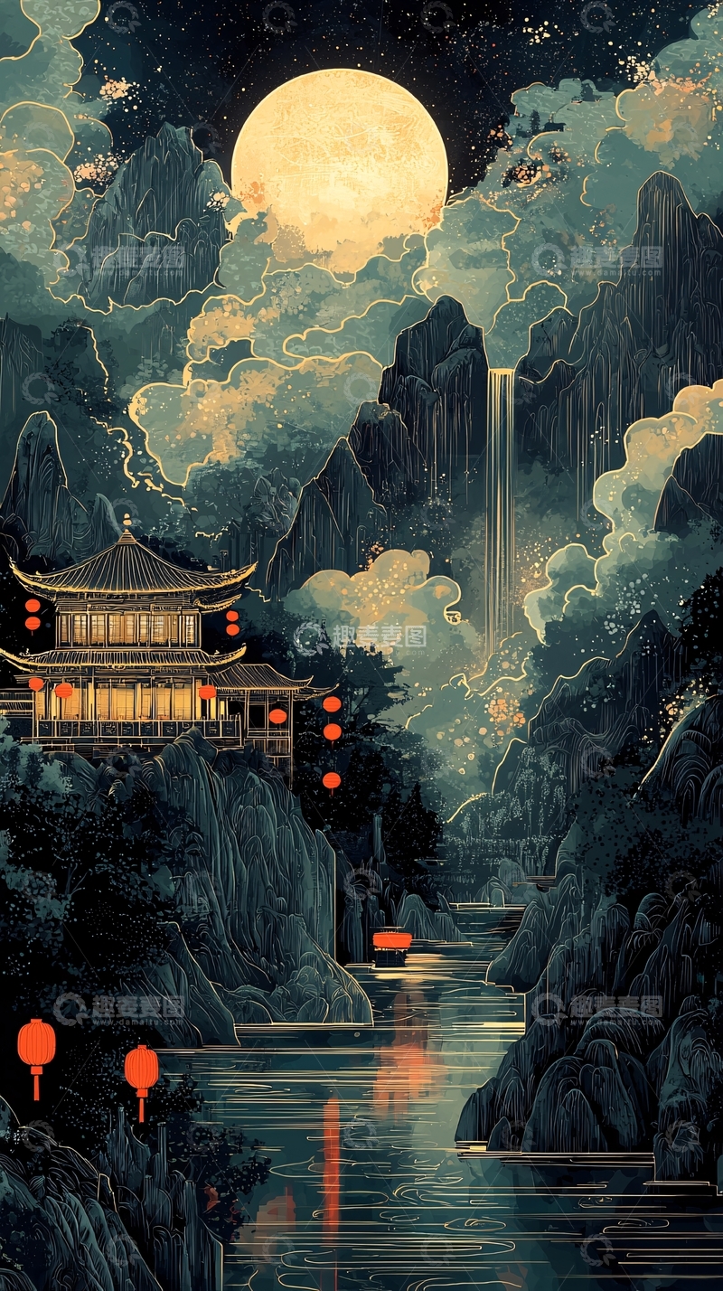 高清大图下载【趣麦麦图】国风月夜山水亭台灯笼