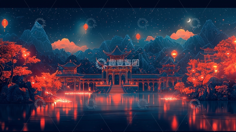 高清大图下载【趣麦麦图】中国风水墨夜景建筑