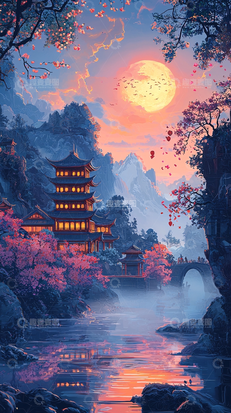 高清大图下载【趣麦麦图】月下古风建筑桃花