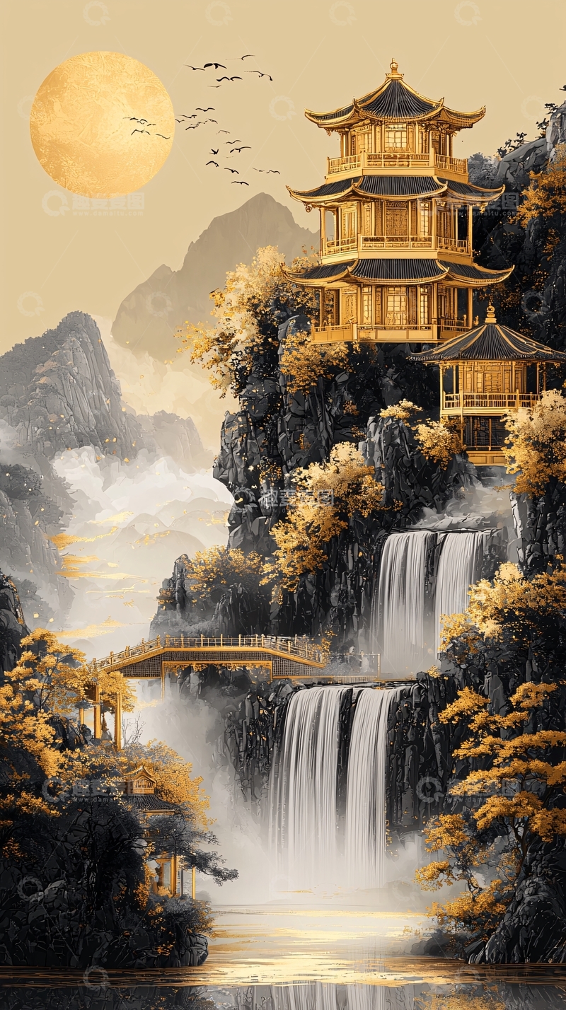 高清大图下载【趣麦麦图】金色楼阁瀑布山水中国风