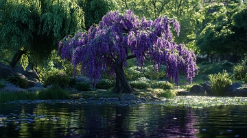 紫藤树旁的宁静水塘