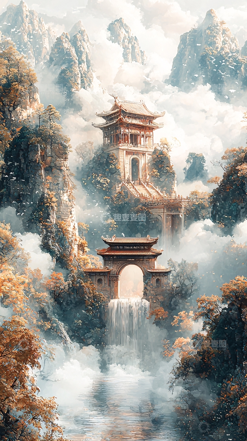 高清大图下载【趣麦麦图】云雾缭绕的山间古建筑