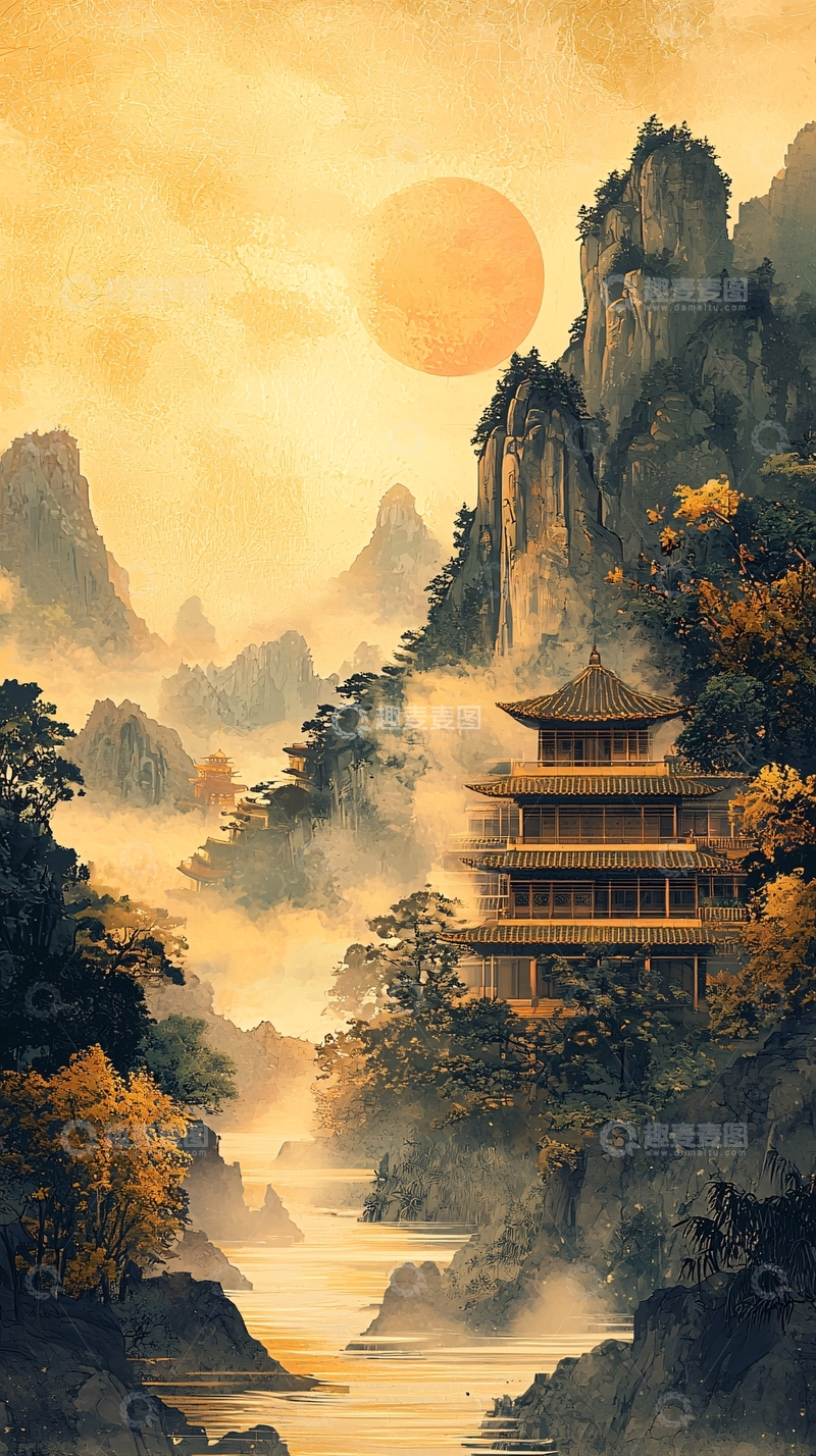 高清大图下载【趣麦麦图】金色水墨山水日出寺庙