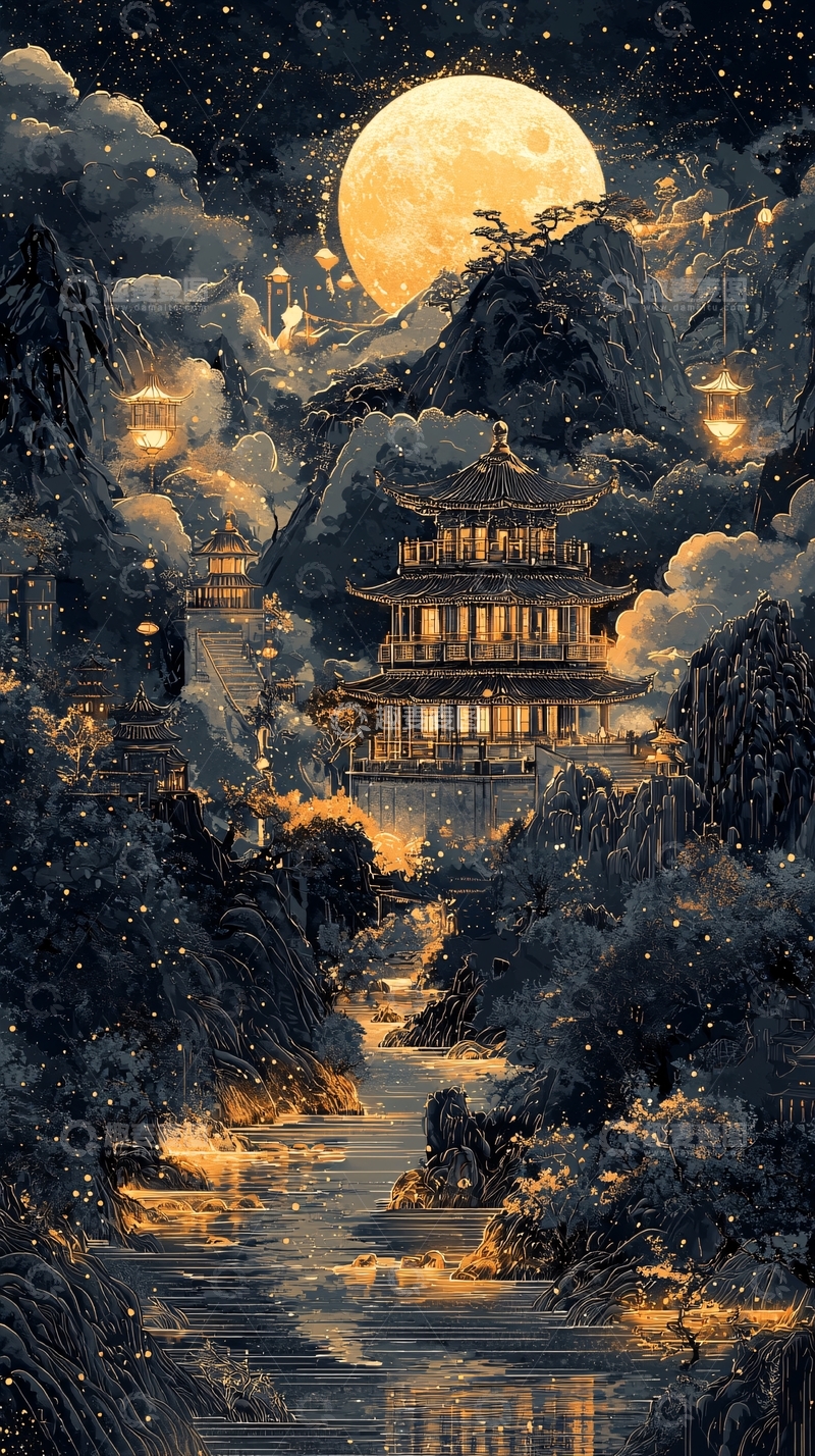 高清大图下载【趣麦麦图】夜色下的山水楼阁