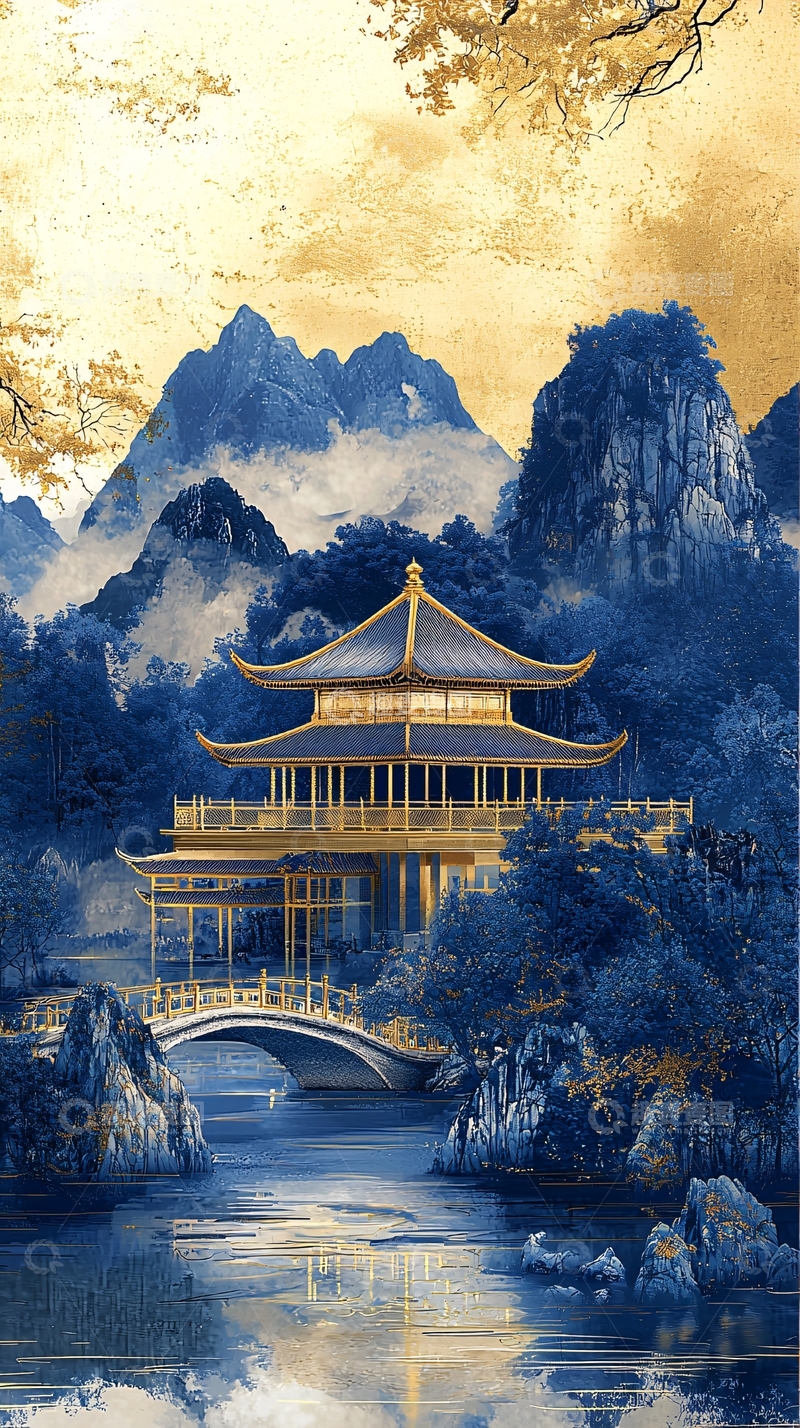 高清大图下载【趣麦麦图】山水楼阁青金色