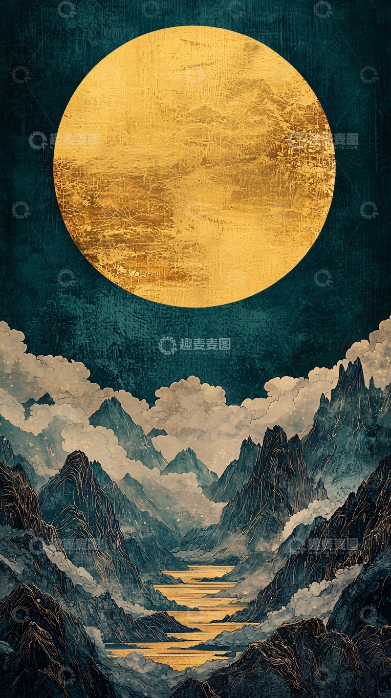 高清大图下载【趣麦麦图】金色圆月下的山水画