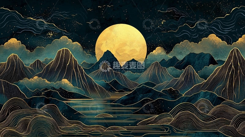 高清大图下载【趣麦麦图】金山水墨画夜景