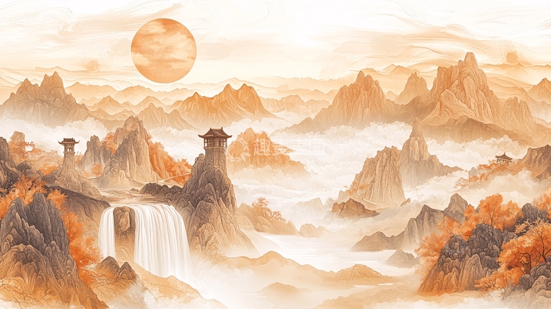 高清大图下载【趣麦麦图】国风山水日出云雾唯美背景