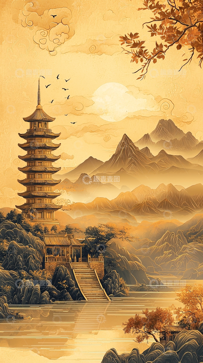 高清大图下载【趣麦麦图】水墨风山水塔楼金色天空