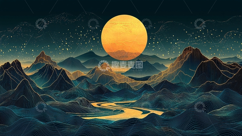 高清大图下载【趣麦麦图】金色月亮山川夜景