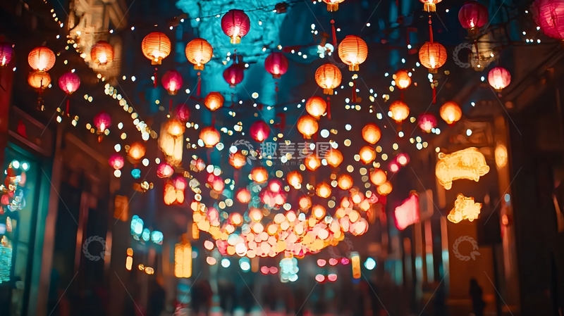 高清大图下载【趣麦麦图】夜色朦胧下的灯笼街景