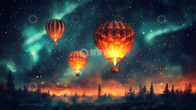 高清大图下载【趣麦麦图】热气球在星空下飞翔