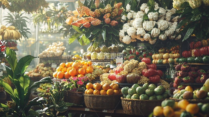 高清大图下载【趣麦麦图】阳光洒进水果鲜花市场