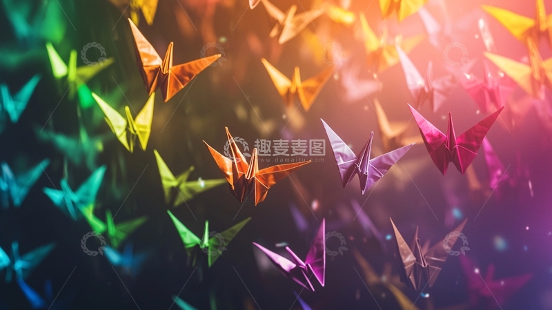 高清大图下载【趣麦麦图】彩虹色纸鹤飞舞