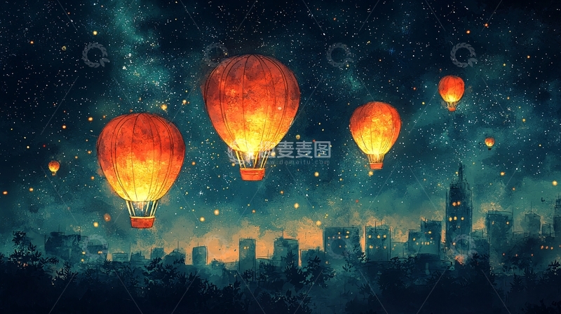 高清大图下载【趣麦麦图】热气球飞过城市夜空