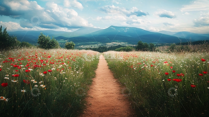 高清大图下载【趣麦麦图】乡间小路通往山峦花田