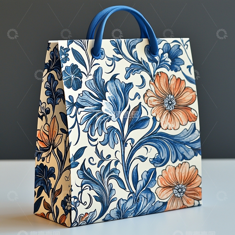 高清大图下载【趣麦麦图】-蓝白花卉印花礼品袋