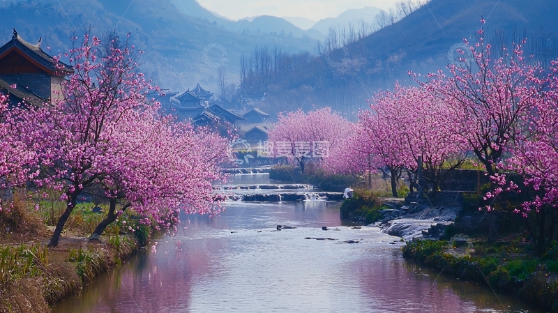 高清大图下载【趣麦麦图】梦幻桃林溪流村庄