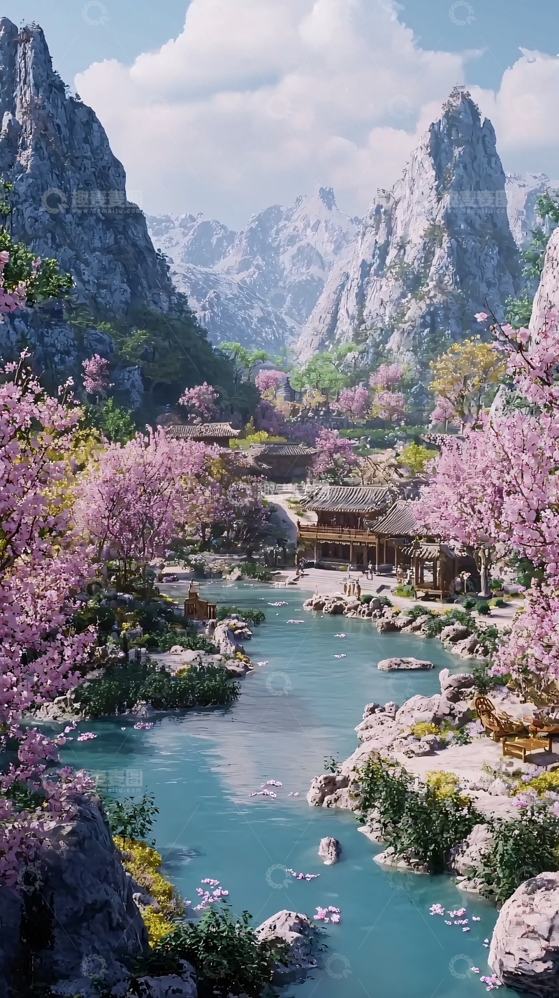 高清大图下载【趣麦麦图】桃花盛开的山谷河流