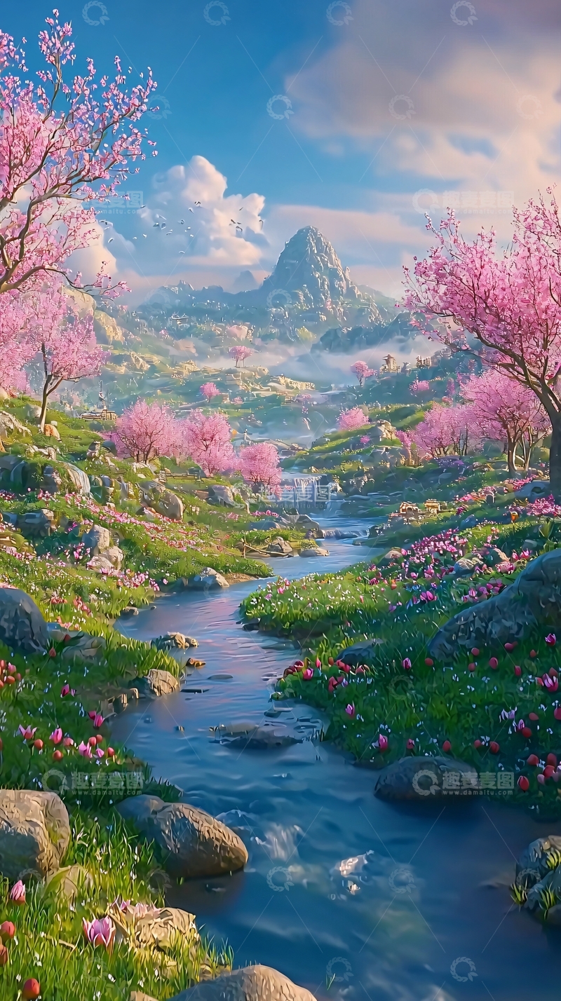 高清大图下载【趣麦麦图】春日桃树溪流山景