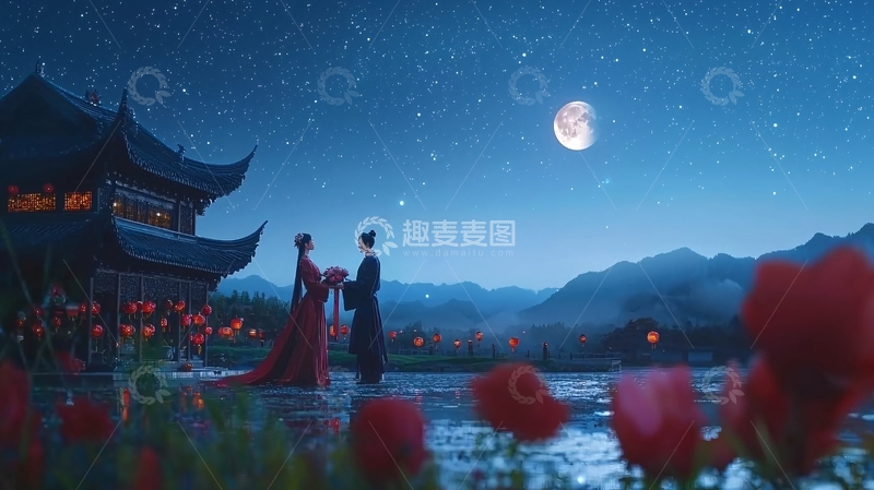 高清大图下载【趣麦麦图】古装情侣月下婚纱照