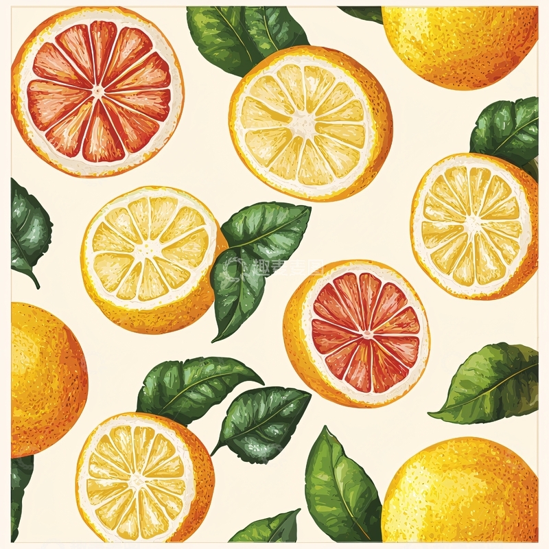 高清大图下载【趣麦麦图】水果切片与绿叶的复古插画