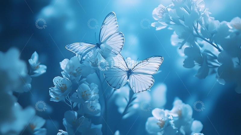 高清大图下载【趣麦麦图】蓝光背景下白色蝴蝶和花朵