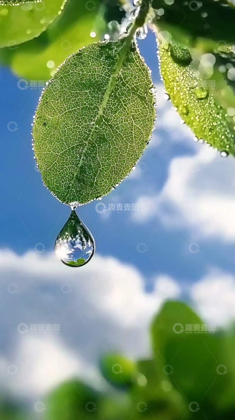 高清大图下载【趣麦麦图】绿叶水滴蓝天白云