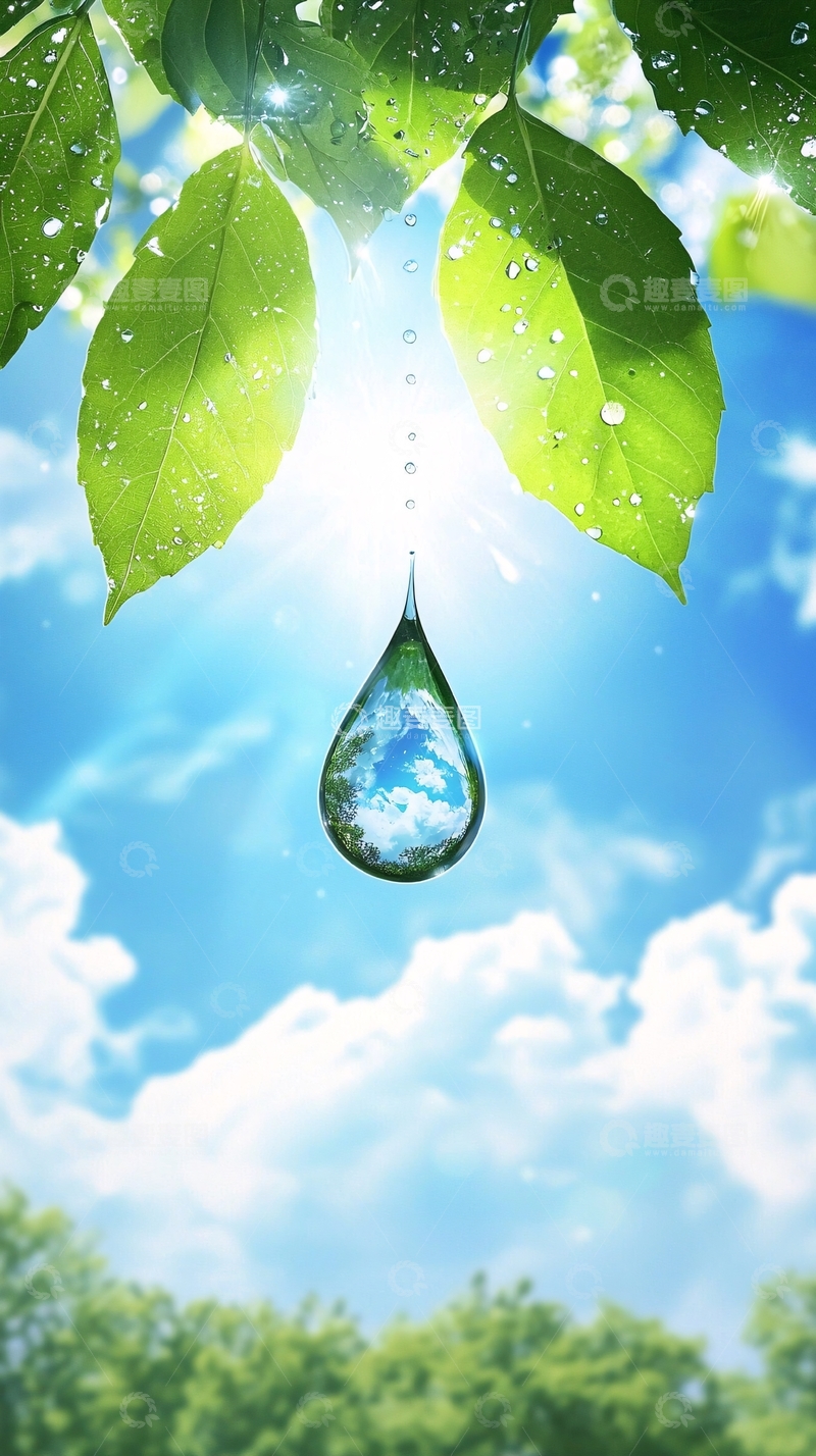 高清大图下载【趣麦麦图】水滴倒影蓝天绿叶