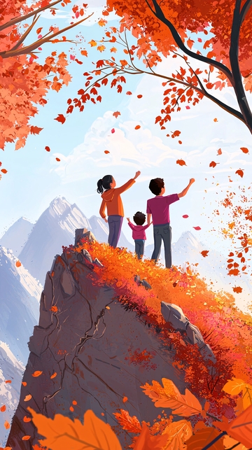 秋日家庭山顶赏枫叶