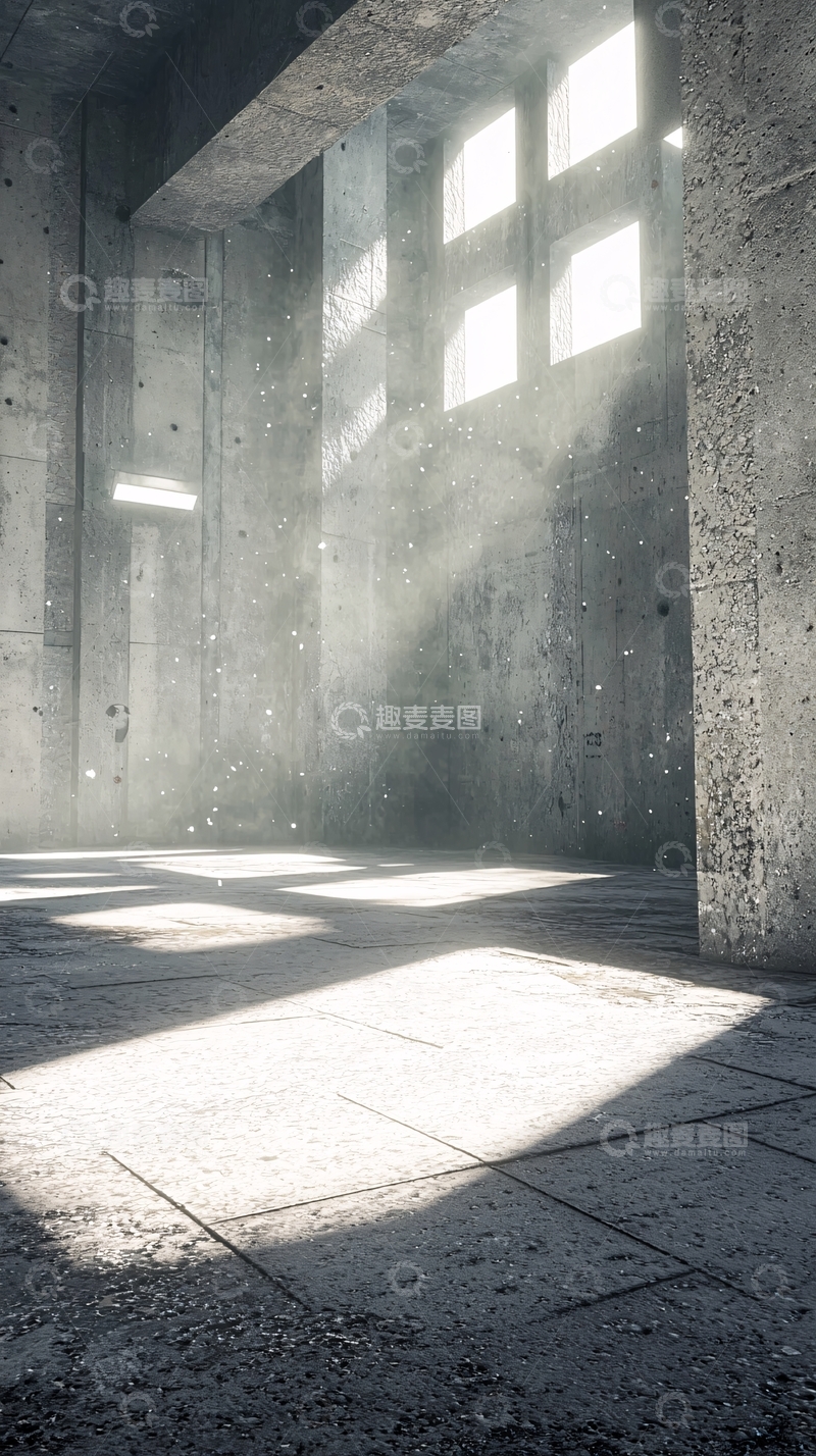 高清大图下载【趣麦麦图】光线透过窗户照进水泥房间
