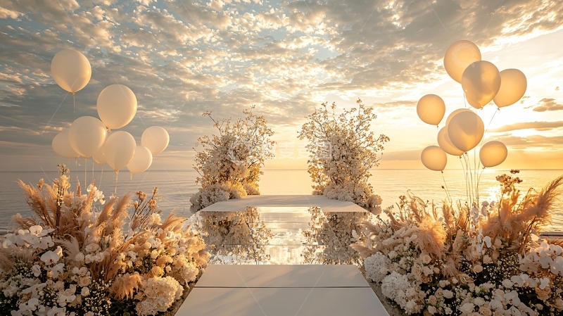 高清大图下载【趣麦麦图】海边婚礼金色阳光气球