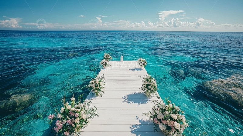 高清大图下载【趣麦麦图】海边白色栈桥鲜花装饰