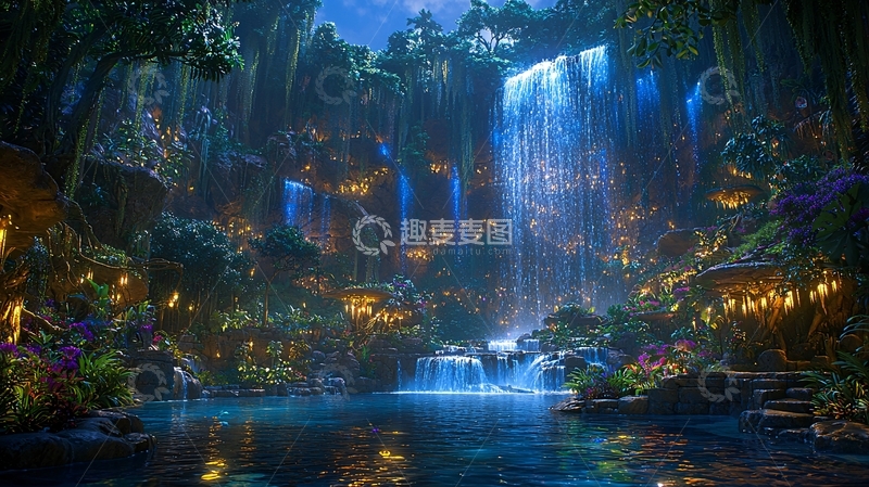 高清大图下载【趣麦麦图】梦幻瀑布森林村庄