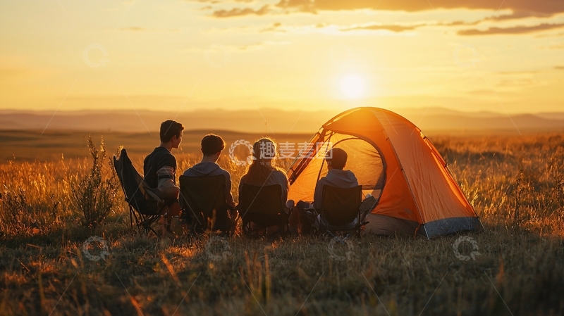 高清大图下载【趣麦麦图】落日余晖下的露营家庭