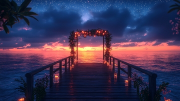 海边木桥日落星空