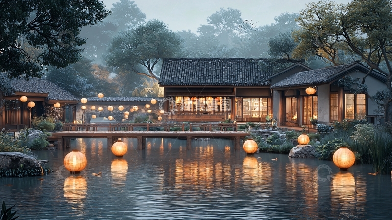 高清大图下载【趣麦麦图】江南水乡夜景灯笼意境