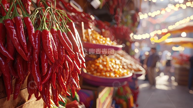 高清大图下载【趣麦麦图】红辣椒串在市场摊位上