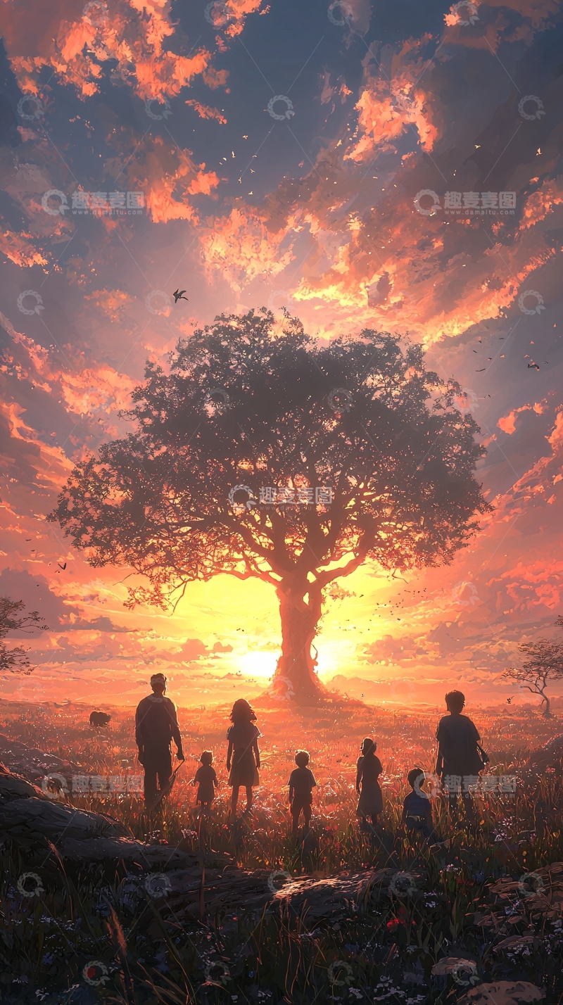 高清大图下载【趣麦麦图】日落剪影全家福
