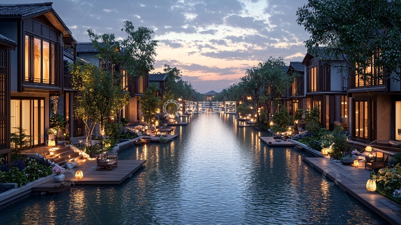 高清大图下载【趣麦麦图】小镇傍水夜景建筑灯光