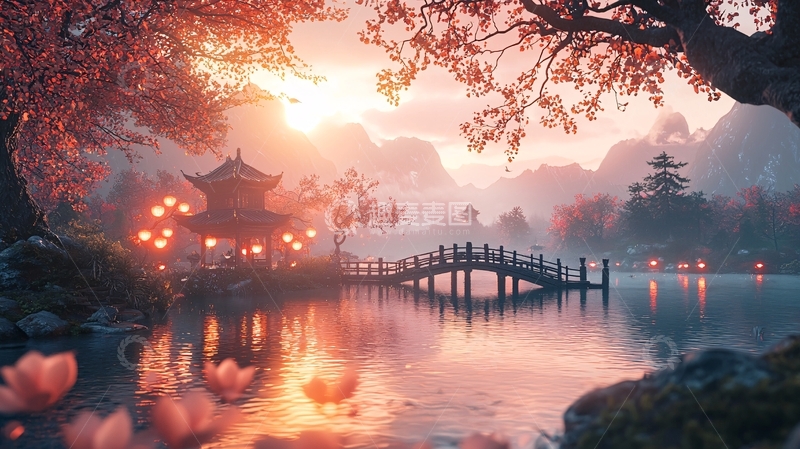 高清大图下载【趣麦麦图】唯美日落山水画