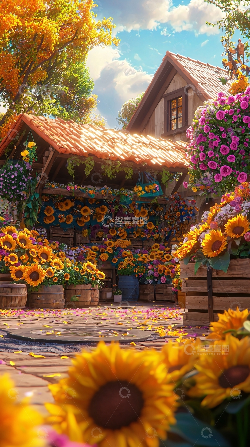 高清大图下载【趣麦麦图】阳光明媚的花店街景